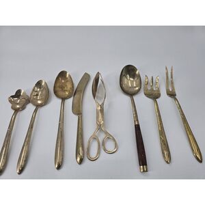 8 Pc Vintage  Piece Flatware Serving Set‎ THAILAND Bronze & Wood